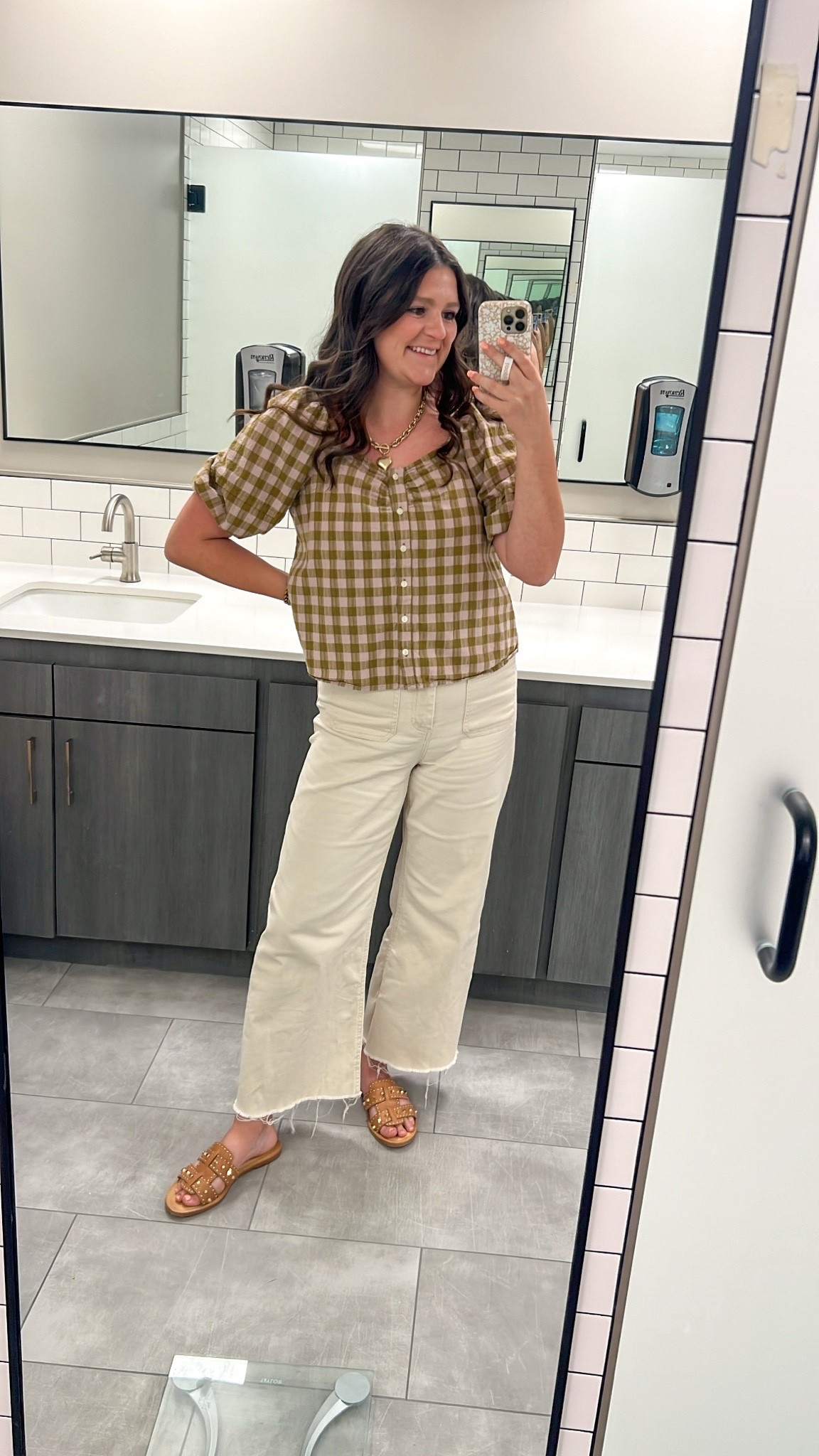 Top is M, tts. Jeans are size 8, also tts. I’m obsessed with them.

Cottage core / farm rio / anthropologie dupe / look for less / gingham top / puff sleeve top / summer top / summer outfit / work outfit / mom workwear / mom workwear / comfy workwear / cute work outfit / ivory jeans / cream jeans / off white jeans / mom jeans / summer denim / studded sandals / mom style

#LTKootd #LTKmomlife #LTKWorkwear