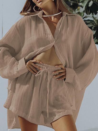 Linsery 2 Piece Summer Outfits Button Down Shirt Top and Shorts Casual Lounge Sets | Amazon (US)