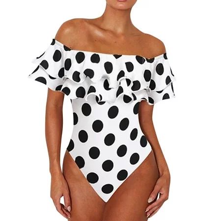 Women s One-piece Swimsuit Double Black White Polka Dots Bikini Sets Swimwear One Shoulder Ruffle Ba | Walmart (US)