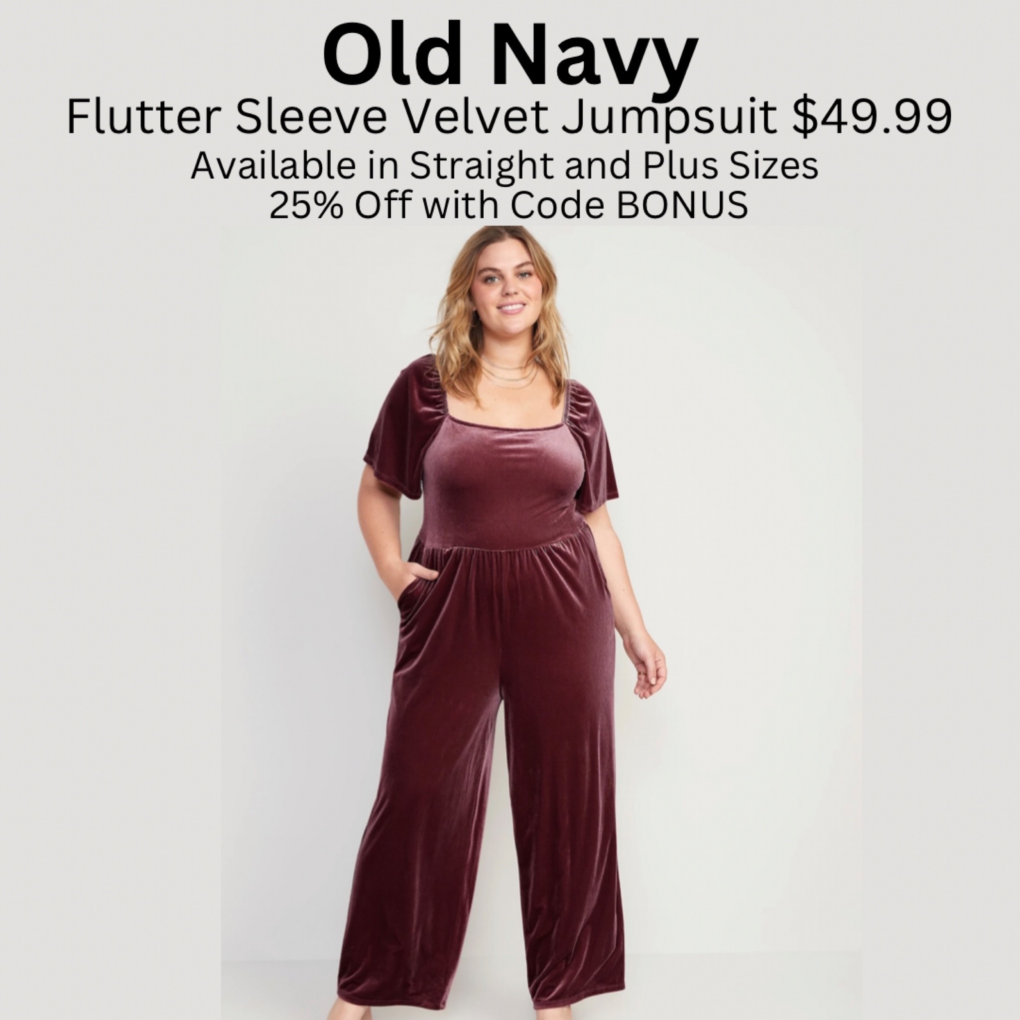 Old Navy new arrival flutter sleeve velvet jumpsuit on sale available in Straight and Plus Size 

#LTKcurves #LTKHoliday #LTKsalealert