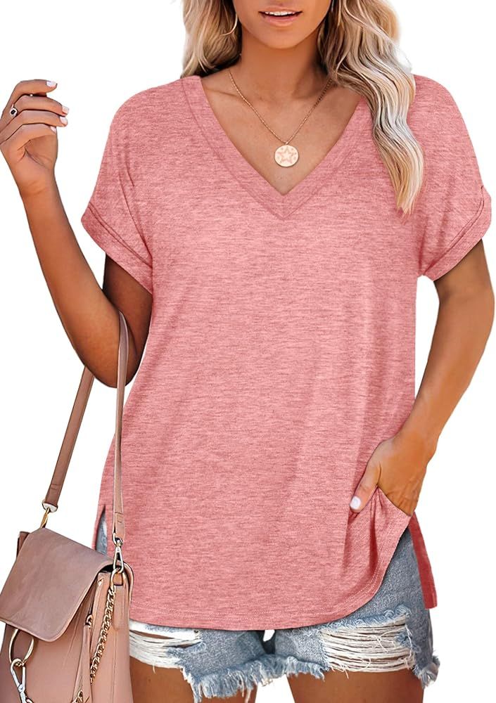 NSQTBA Womens T Shirts V Neck Roll Sleeve Tshirts Loose Fit Summer Tops Side Split | Amazon (US)