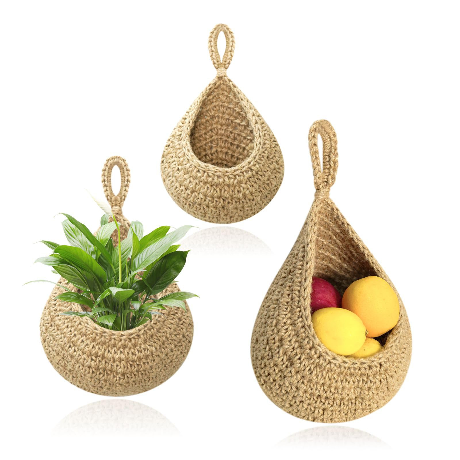Hanging Baskets Set, 3 Pcs Boho Wall Hanging Basket with 6 Pcs Strong Hooks, Hand-Woven, Drop Mol... | Amazon (US)