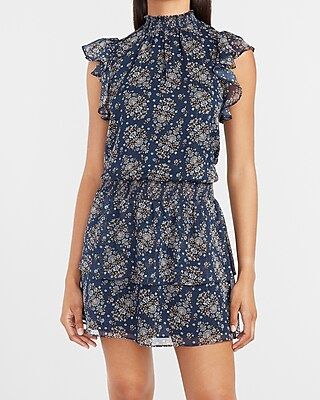 Paisley Smocked Waist Flutter Sleeve Mock Neck Dress | Express