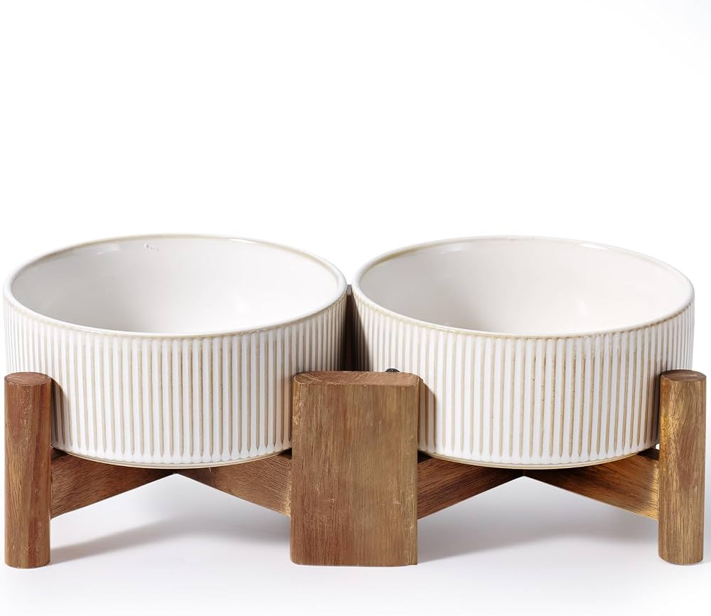 Getstar Ceramic Dog Bowls with Acacia Wood Stand, 30 fl oz, Set of 2, Dog Food Bowl, Cat Bowls (V... | Amazon (US)