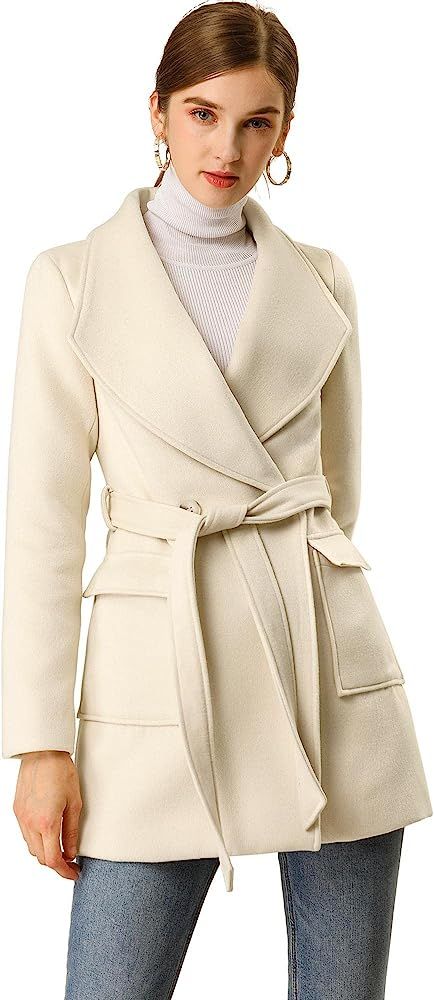 Allegra K Women's Shawl Collar Lapel Double Breasted Winter Belted Coat with Pockets | Amazon (US)