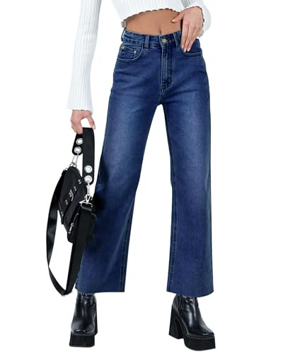 Yewfirm Tummy Control Jeans for Women High Waisted Frayed Hem Baggy Stretchy Pants Wide Leg Cropp... | Amazon (US)