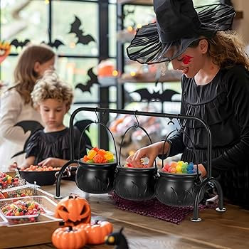Halloween Decorations - Set of 3 Witches Cauldron Candy Serving Bowls on Rack, Black Plastic Caul... | Amazon (US)