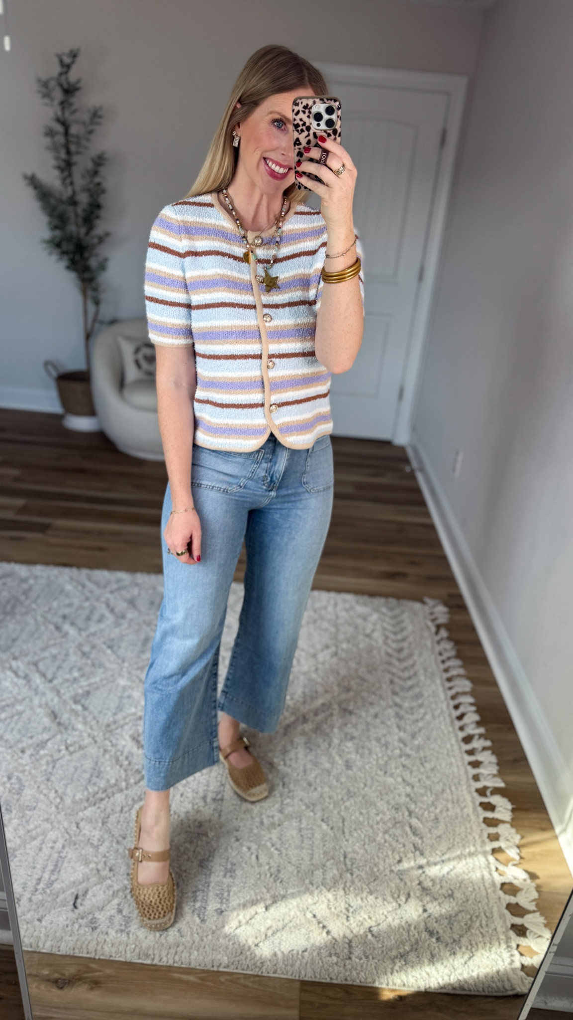 Striped short sleeve sweater cardigan and cropped jeans 

#LTKmomlife #LTKootd
