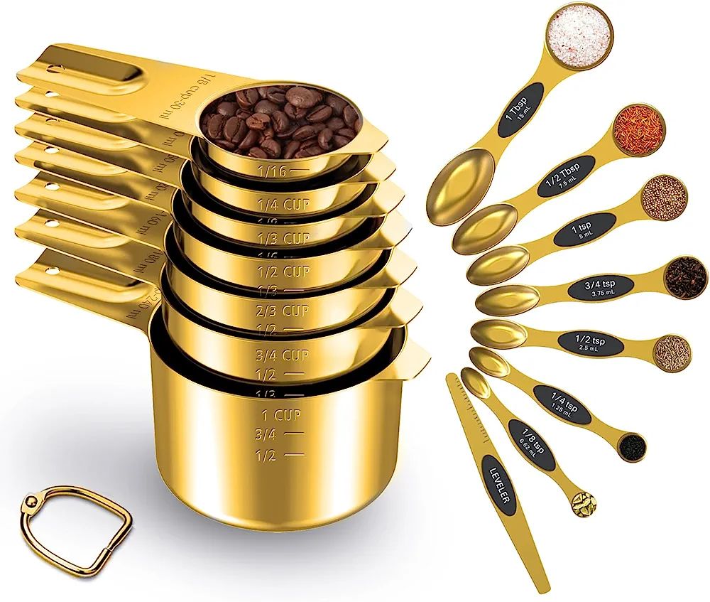 LIFETOWE Gold Measuring Cups and Spoons Set of 15, 18/8 Stainless Steel, Includes 7 Nesting Metal... | Amazon (US)