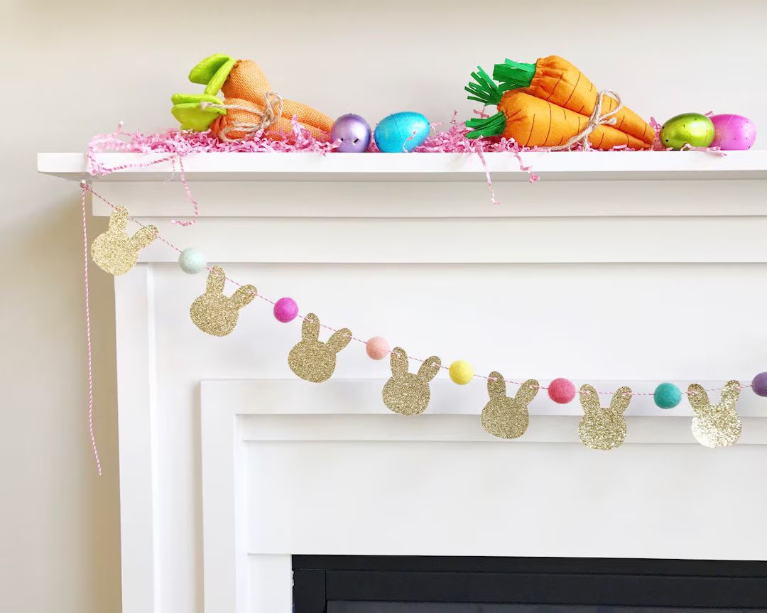 PRE-ORDER *** Mini BUNNY Gold Glitter Garland with Spring Felt Balls - Bright or Pastel Color Opt... | Etsy (US)