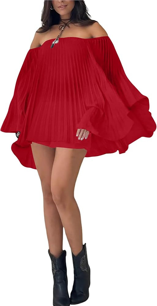 Ophestin Women's 2 Piece Pleated Outfits Off Shoulder Oversized 3/4 Cape Sleeve Shirt Shorts Set ... | Amazon (US)