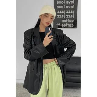 Single-Breasted Faux-Leather Blazer | YesStyle Global