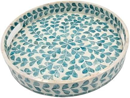 PEMAR 12.6” Mother of Pearl Round Serving Tray with Handles, Decorative Nacred Wooden Ottoman C... | Amazon (US)