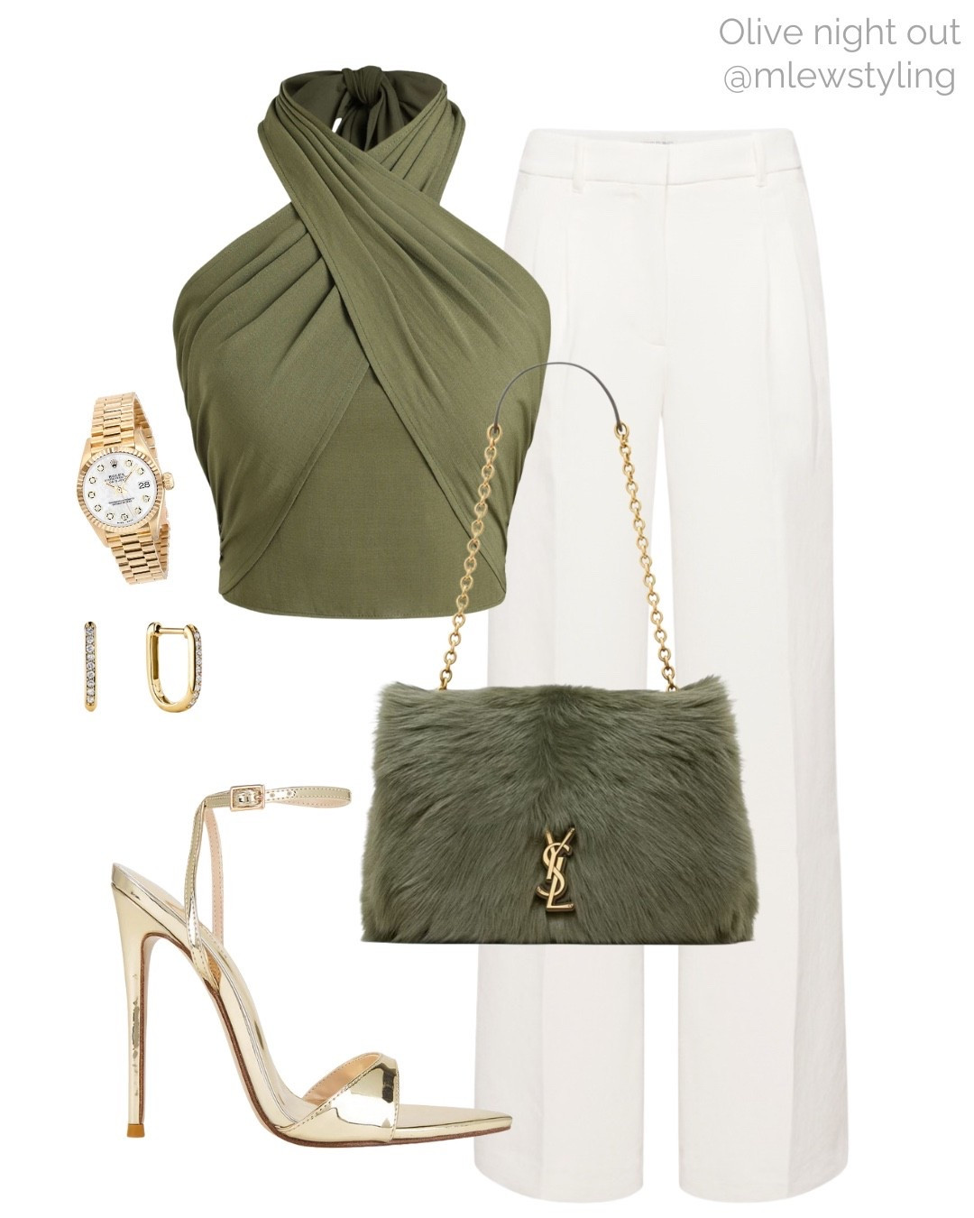 Night out inspo with olive green 🫒✨

Tags: cider halter top, ysl green shearling bag, aritzia effortless pants, white tailored trousers,
revolve gold stiletto heels, Femme LA, Mejuri gold hoops, gold watch, autumn birthday party outfit, fall date night 

#LTKItBag #LTKShoeCrush #LTKParties