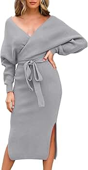 Women's Elegant V Neck Wrap Knit Dresses Batwing Sleeve Backless Slit Maxi Dress with Belted | Amazon (US)