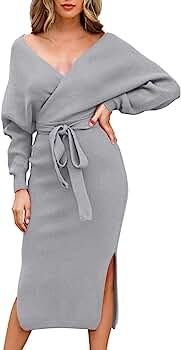 Women's Elegant V Neck Wrap Knit Dresses Batwing Sleeve Backless Slit Maxi Dress with Belted | Amazon (US)