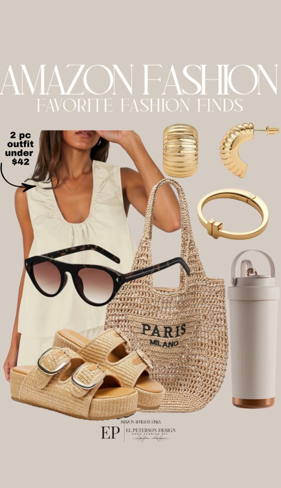 Amazon fashion
Earrings 
V
Bracelet 
Water bottle
Purse
Sandals
2 pc outfit 