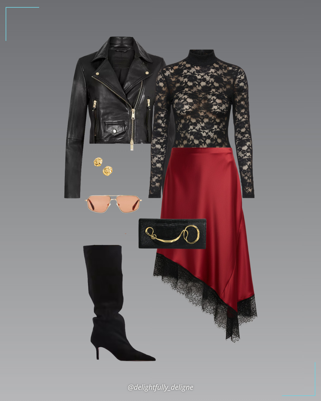 Edge of Romance ❤️🖤Cropped slim leather biker jacket, lace semi-sheer bodysuit, satin asymmetric lace-trim midi skirt, slouch pull-on knee boots, woven button earrings, gold sunglasses & twisted gold side-handle clutch purse. 

 #LTKgrwm #LTKootd #LTKOver40