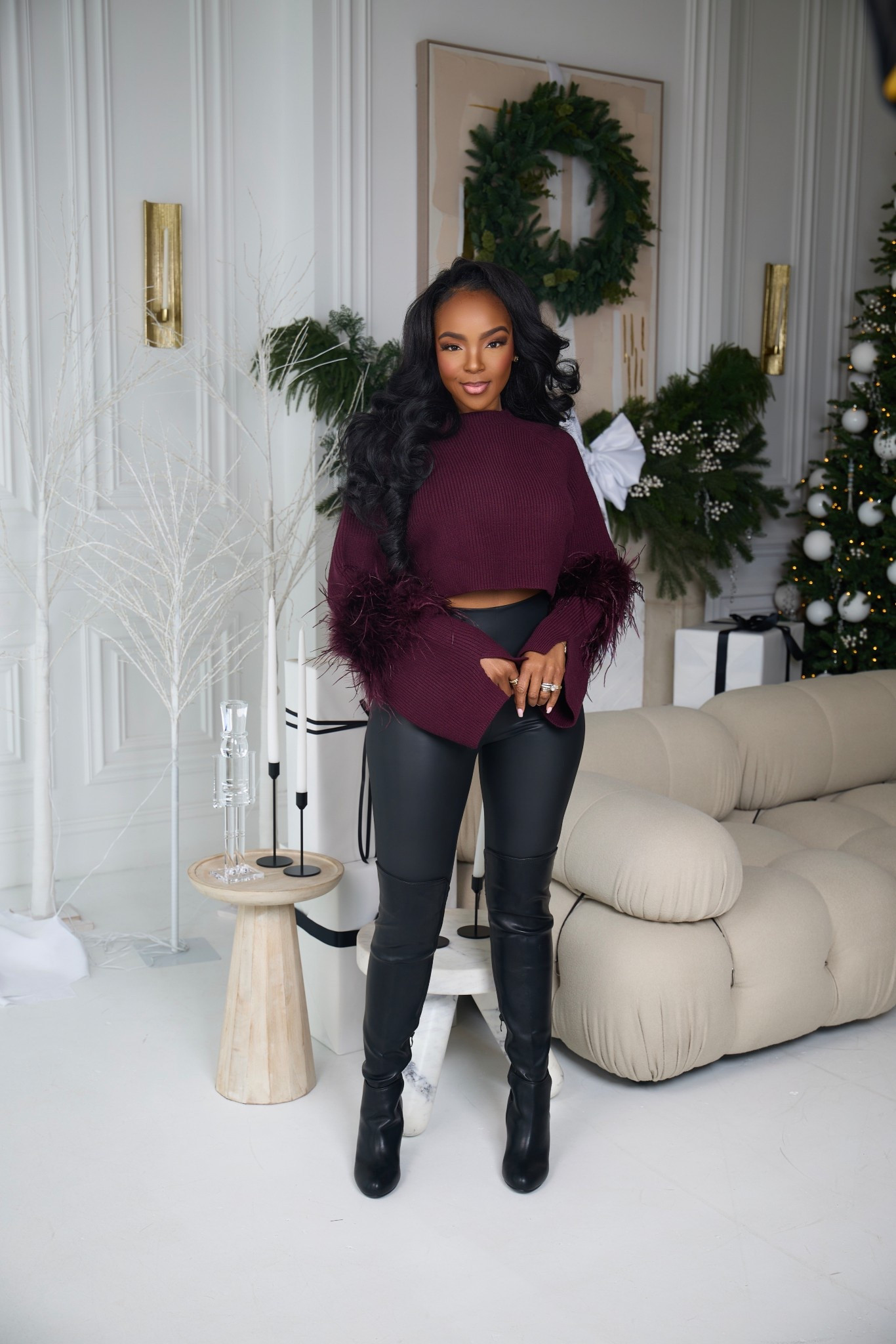 THANKSGIVING CHIC 🖤🍷  

This rich burgundy feather-trim sweater paired with sleek black faux-leather pants is the perfect mix of cozy and glam. Effortless, bold, and ready for Thanksgiving dinner — because a statement look never hurts when you’re bringing the style *and* the sweet potato pie.  

Perfect for dinner parties, date nights, or festive family gatherings.  

📏 Sizing: Sweater (small) | Pants (small) | Boots (true to size).  

thanksgiving outfit ideas, chic fall outfit, burgundy sweater outfit, faux leather pants outfit, holiday dinner outfit, fall fashion for women.  

Follow me on Instagram and YouTube @kirasfashionfinds

#LTKHoliday #LTKStyleTip