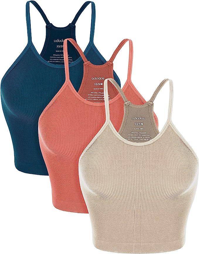 ODODOS Women's Crop 3-Pack Washed Seamless Camisole Crop Tank Tops | Amazon (US)