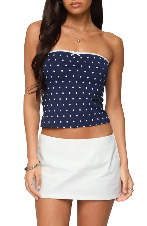 EDIKTED Polka Dot Tube Top in Navy at Nordstrom, Size Large | Nordstrom