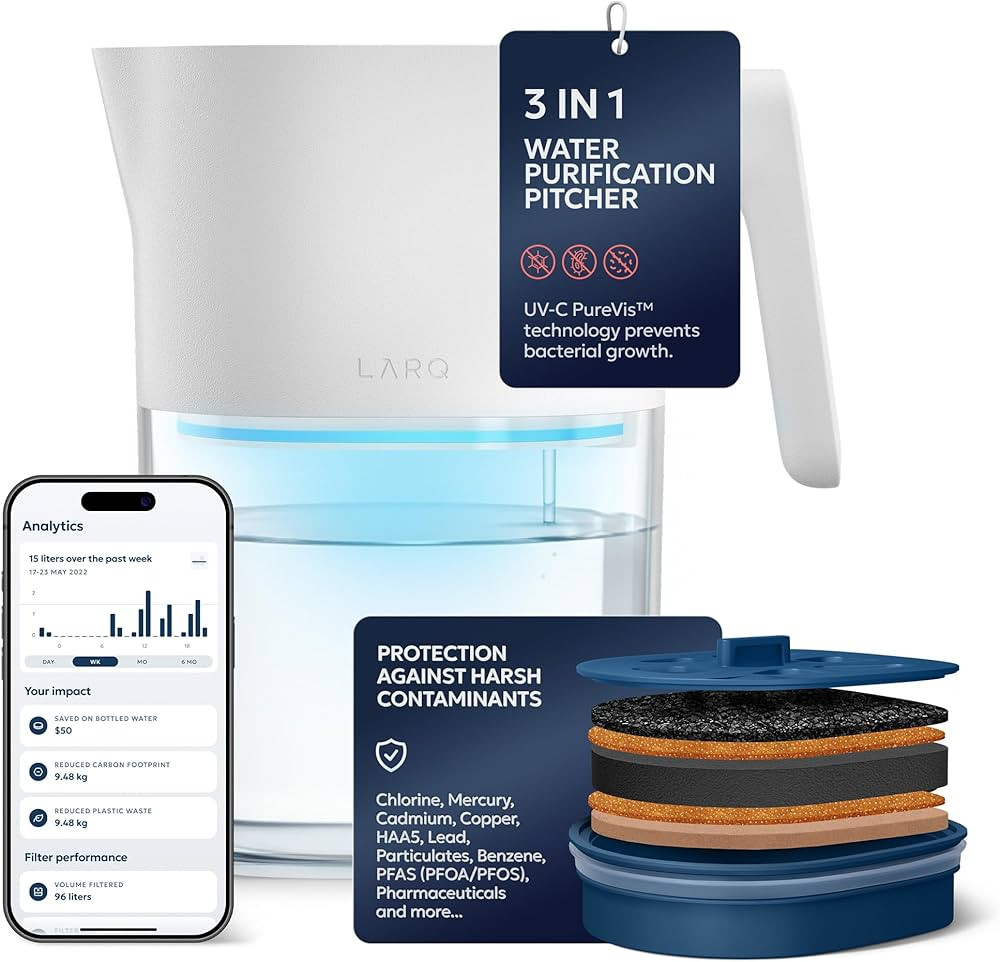 LARQ PureVis 3-in-1 Water Pitcher – Purifier, Filter & Tracking, 8-Cup Water Purifier Pitcher w... | Amazon (US)