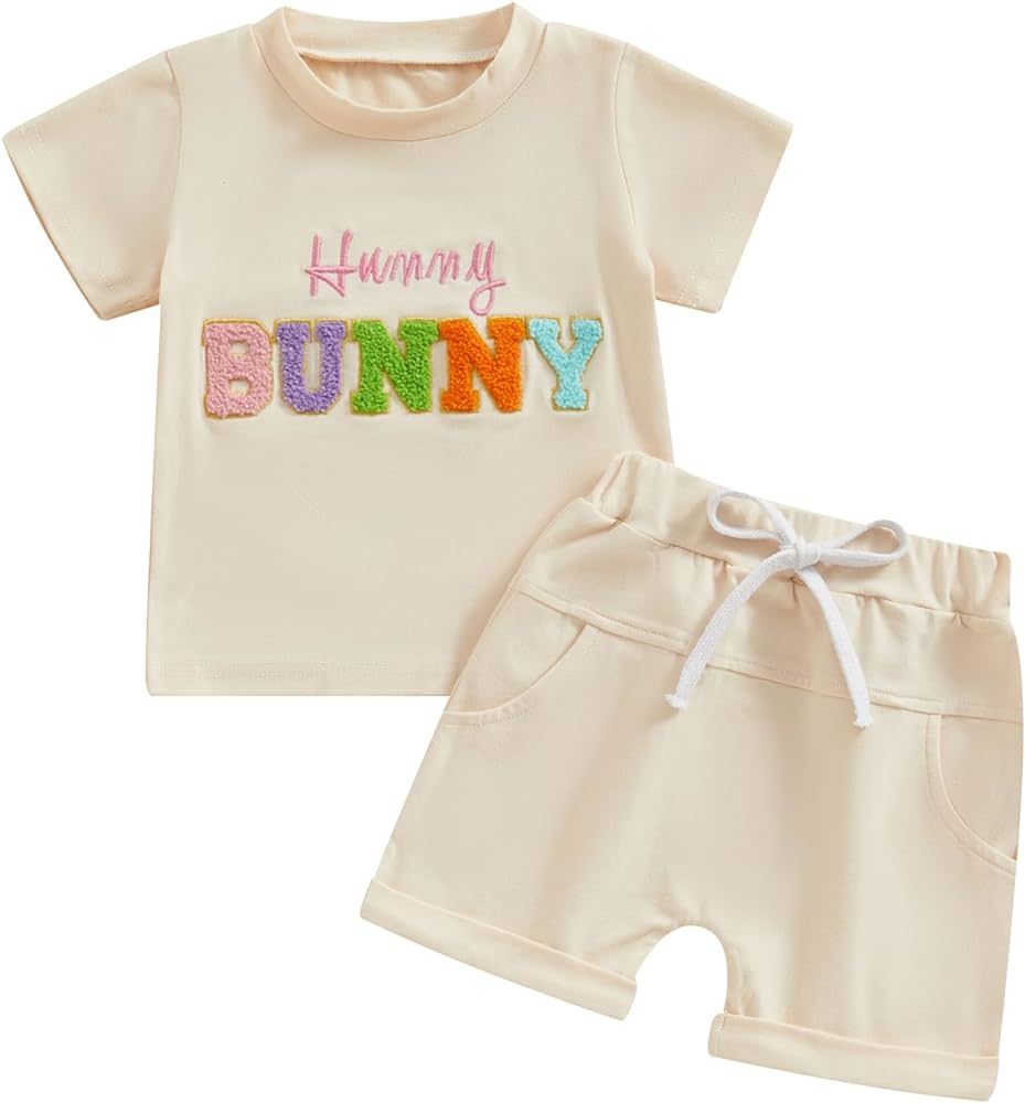 Gueuusu Toddler Baby Boy Girl Easter Outfit Hunny Bunny Embroidery Short Sleeve T Shirt and Short... | Amazon (US)