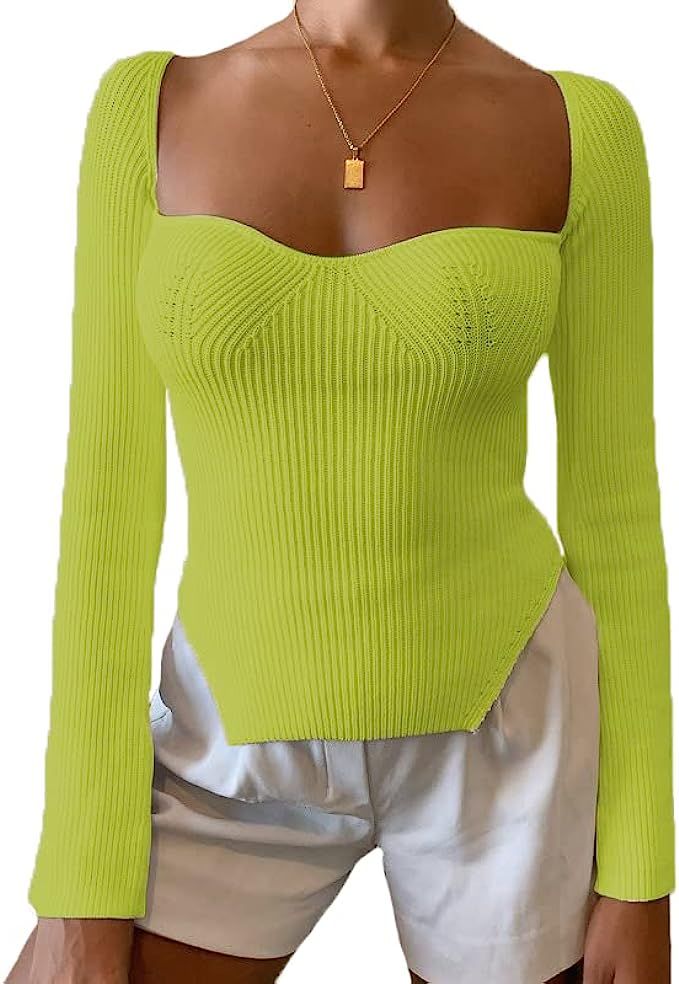 Women's Ribbed Knit Sweater Square Neck Long Sleeve Top Off Shoulder Side Split Casual Solid Pull... | Amazon (US)