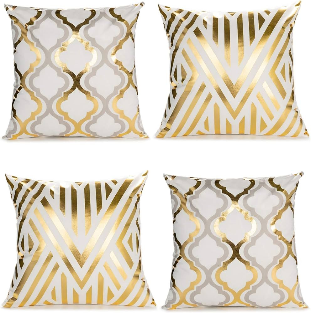 ZLINA Home Decorative Set of 4 Throw Pillow Covers Gold Foil Geometric Pillow Covers 18 ×18 Inch... | Amazon (US)