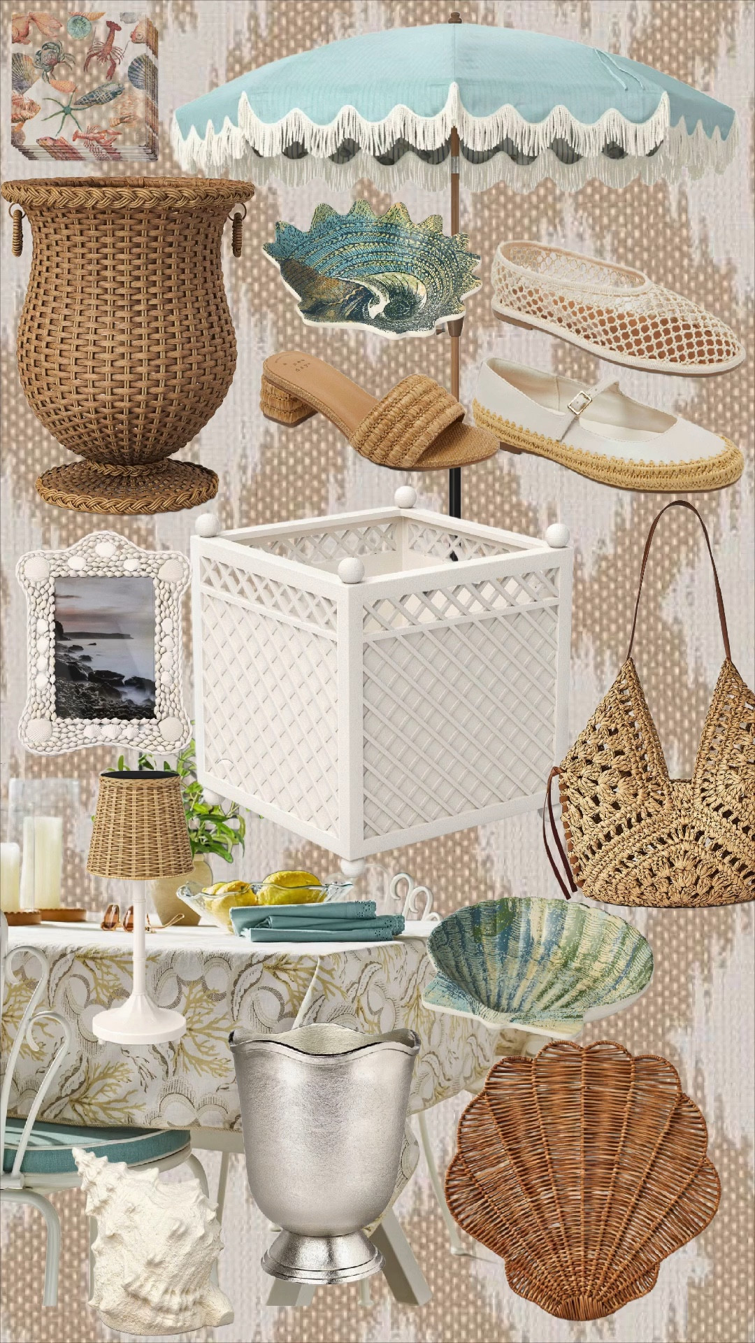 I had an audible gasp over some of these target finds! @Target 

Coastal grandmother meets grandmillennial charm 🐚🌿 Target truly understood the assignment with these breezy, woven textures + soft sea-inspired hues. Everything feels like it belongs in a Nantucket summer home—without the splurge ✨

From scalloped details to rattan everything (my weakness), these are the sweetest pieces for hosting, styling shelves, or adding a little seaside charm to your everyday. I’m especially loving the mix of soft blues, shells, and natural textures—it’s giving effortless, elevated coastal 🤍

Perfect for summer entertaining, porch styling, or refreshing your home for the season 🌊

⸻

PRODUCT LIST:
	•	Scalloped fringe patio umbrella (light blue)
	•	Woven rattan urn planter
	•	White lattice outdoor side table / storage cube
	•	Shell-shaped wall decor (blue/green)
	•	Shell-shaped serving bowl (blue/green)
	•	Wicker shell tray
	•	Silver scalloped ice bucket
	•	Coastal shell picture frame (white)
	•	Small woven table lamp with shade
	•	Rattan block heel sandal
	•	Cream woven mesh flats
	•	White espadrille Mary Jane flats
	•	Crochet straw shoulder bag
	•	Decorative seashell accent (large white)
	•	Outdoor tablecloth (coral pattern)
	•	Blue cloth napkins
	•	Faux greenery potted plant

⸻

HASHTAGS:

#LTKhome #LTKfinds #LTKseasonal #TargetFinds #TargetStyle #CoastalGrandmother #GrandmillennialStyle #CoastalDecor #SummerDecor #OutdoorLiving #RattanDecor #WovenHome #CoastalLiving #PreppyHome #TraditionalHome #BlueAndWhiteDecor #NeutralHome #ShelfStyling #EntertainingAtHome #PorchDecor #ChicHomeFinds

#LTKHome