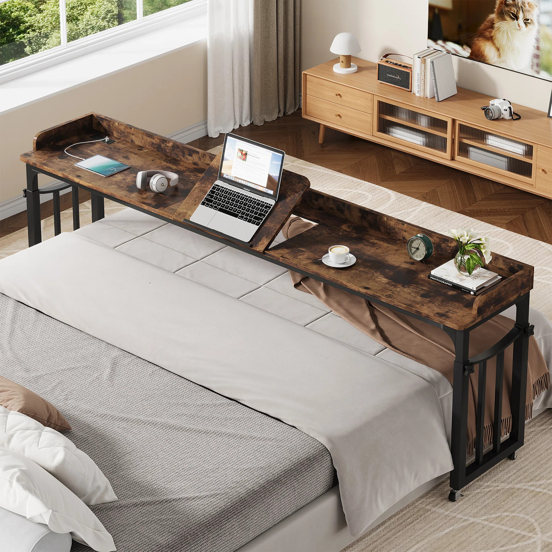 87'' W Height Adjustable Overbed Table With Power Outlet For King Size Bed, Writing Desk | Wayfair North America