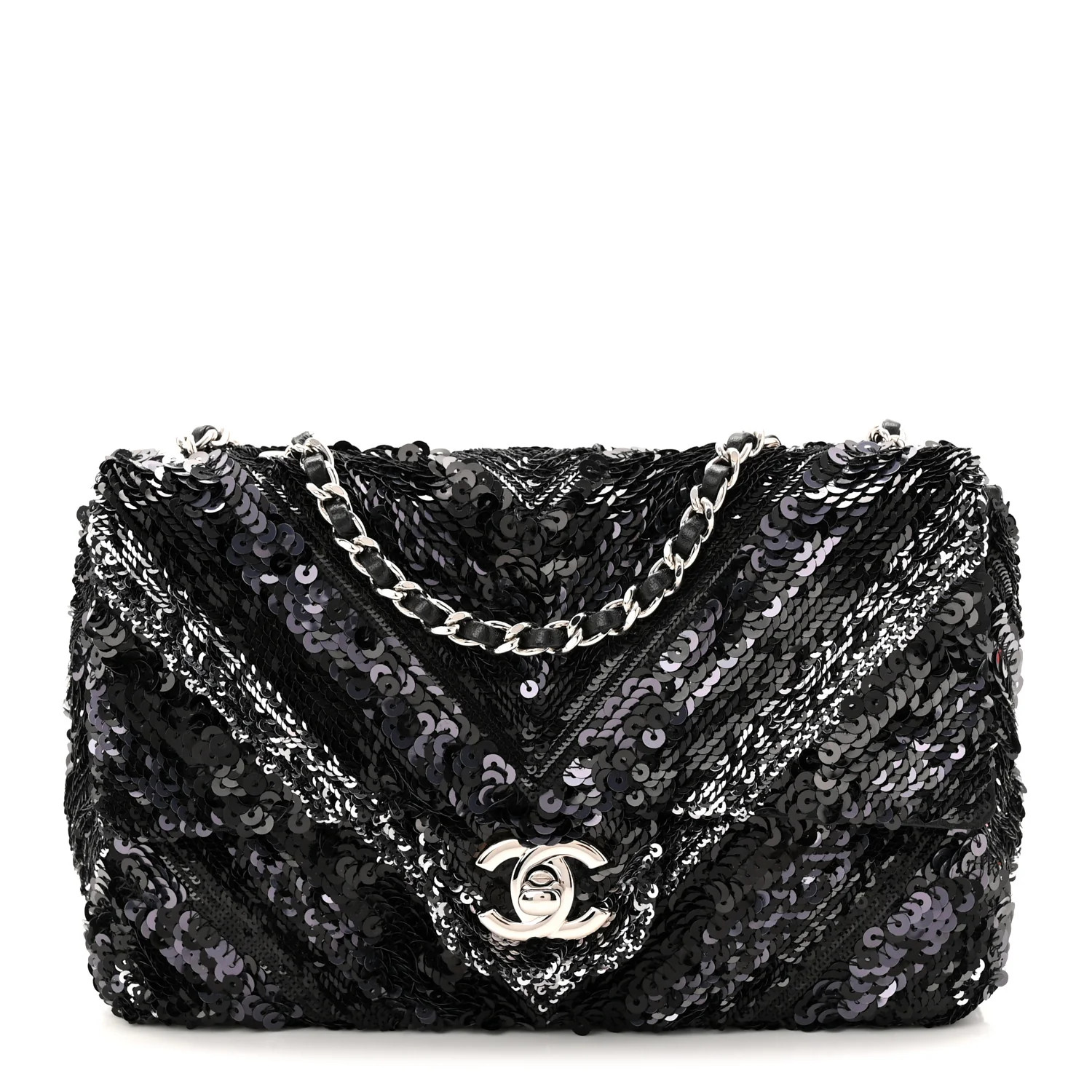 Sequins Chevron Mini Rectangular Flap Black | FASHIONPHILE (US)