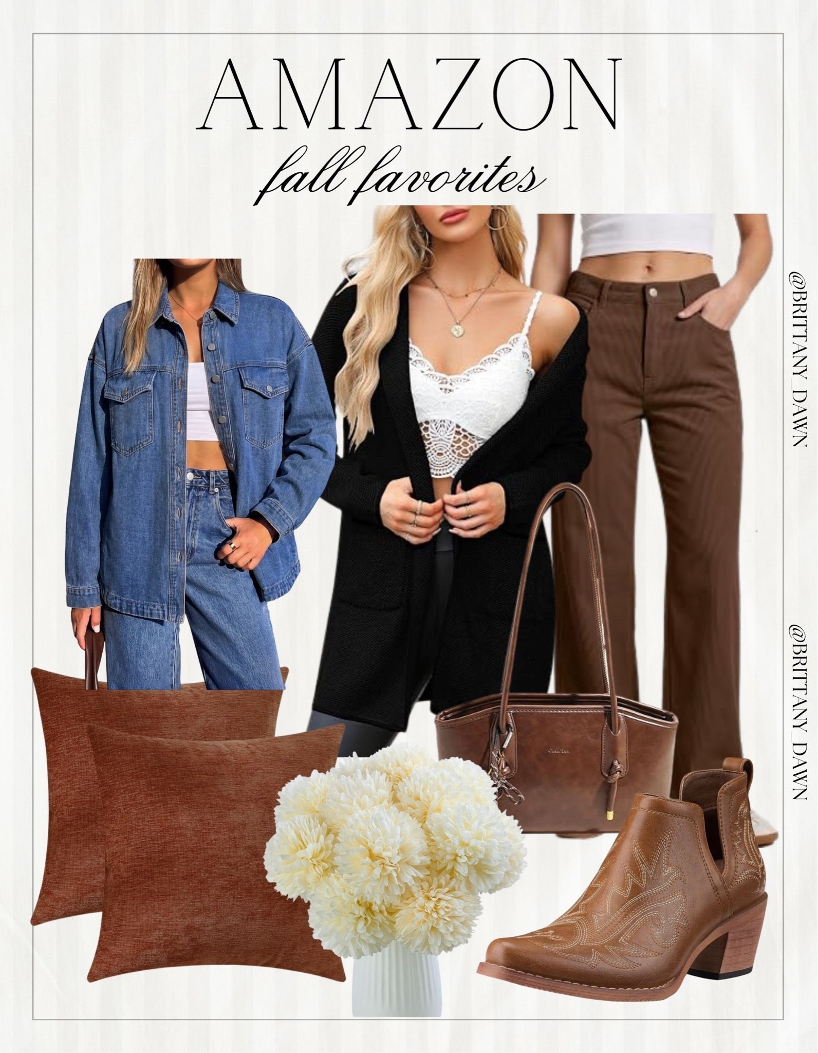 Amazon fall staples! 🍂

I styled versatile denim jacket and cardigan layers paired with chic brown trousers, western ankle boots, and a matching tote.

Finished with warm brown throw pillows and faux floral blooms to refresh your home for autumn. ✨

#AmazonFashion #AmazonHome #FallFavorites #LTKfall #AutumnVibes #CozyStyle #OOTD #DecorInspo

#LTKootd #LTKSeasonal #LTKHome
