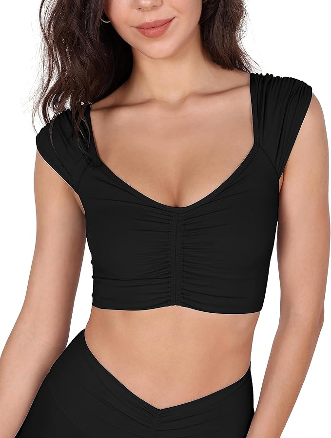 ODODOS Ruched Front Crop Tank for Women V-Neck Cut Out Back Cap Sleeve Cropped Tops | Amazon (US)