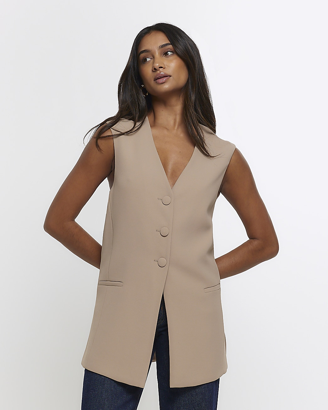 Beige longline waistcoat | River Island (UK & IE)