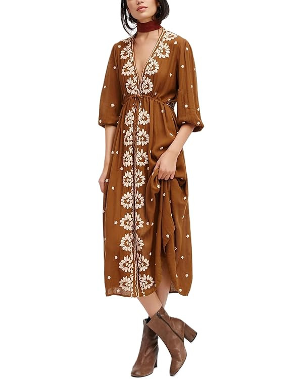 Women Boho Flowy Maxi Dress Floral Embroidered Puff Sleeve Long Dress Drawstring Deep V Neck Vaca... | Amazon (US)