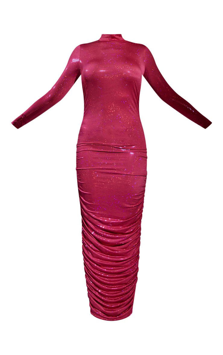 Pink Glitter High Neck Ruched Long Sleeve Midaxi Dress | PrettyLittleThing US