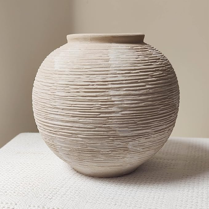 Rustic Farmhouse Vase Home Decor - 6 in Ceramic Boho Decorative Vase for Decor, Round Clay Whitew... | Amazon (US)