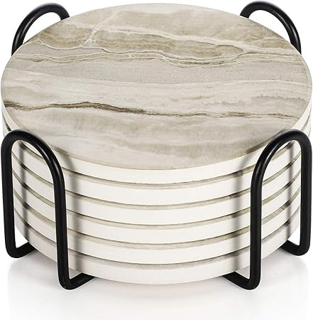 LIFVER Drink Coasters with Holder, Absorbent Coaster Sets of 6, Marble Style Ceramic Drink Coaste... | Amazon (US)