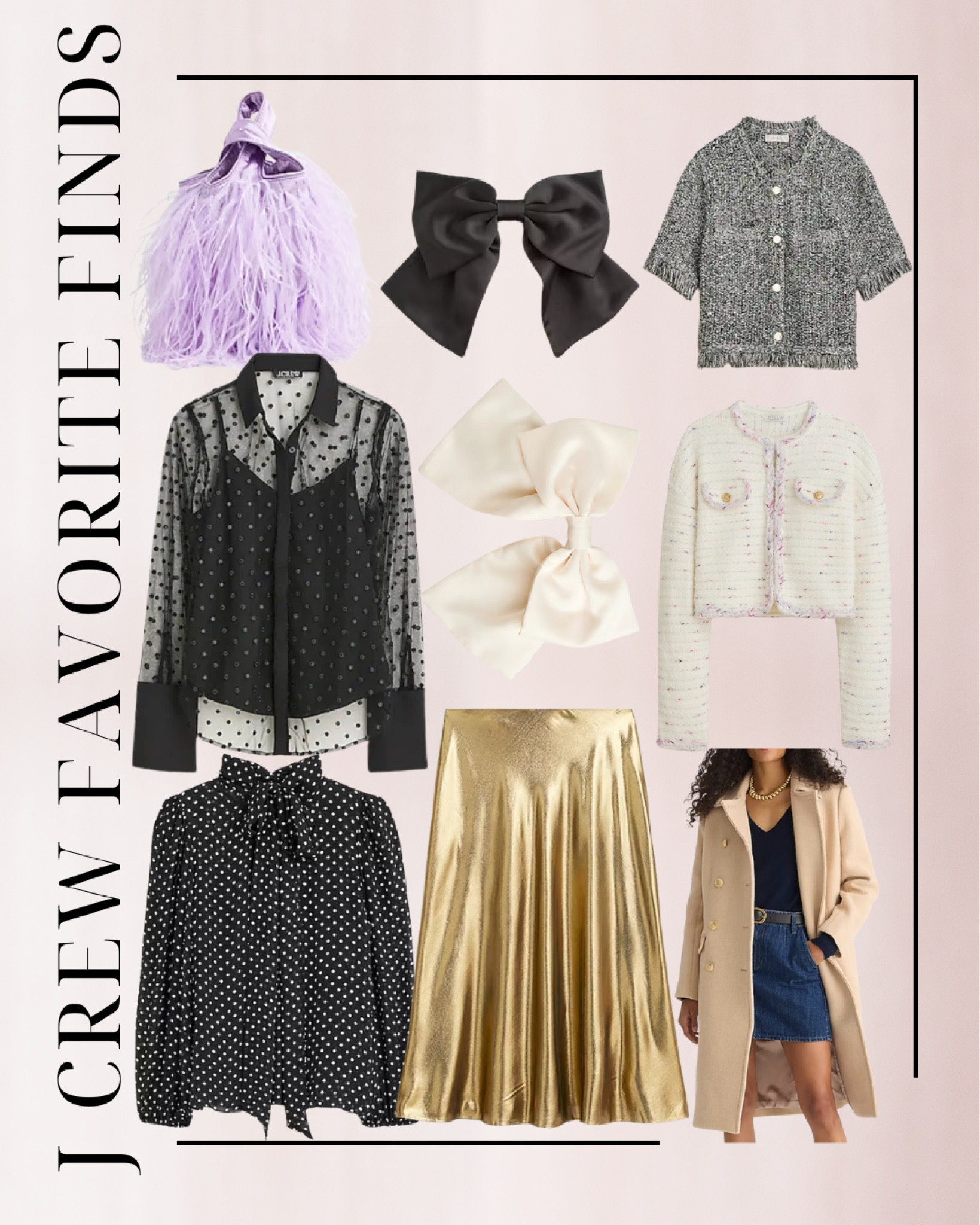 J crew favorite finds, gold skirt, feather purses handbag, bow, blouse, cardigan, coat, tweed 

#LTKfindsunder100 #LTKstyletip #LTKSeasonal