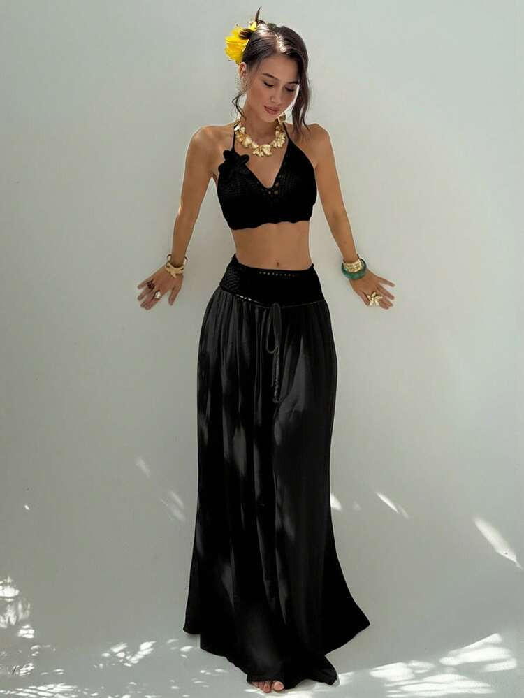 Aloruh Women's 3D Flower Decor Sleeveless Knit Top And Mini Skirt 2 Pieces Set, Fashionable Summer Summer Outfits Summer Clothes Beach Outfits For Woman Beach Vacation Vacation Outfits Woman Boho Tropical Vacation Woman Clothe Crochet Chiffon Sexy Outfits For Women,Halter Tops In Fall/Winter | SHEIN