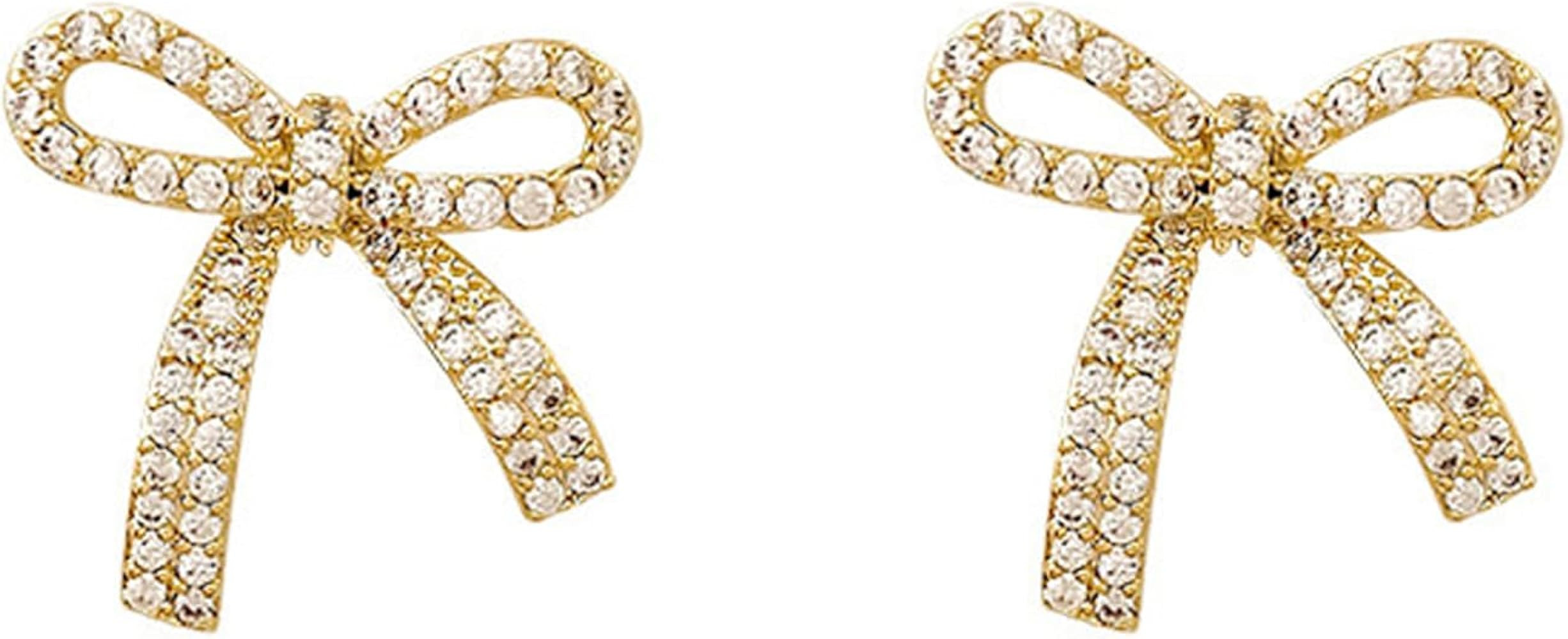 Gold Bow Earrings for Women Rhinestone Bow Earrings Christmas Stud Earring Wedding Party Birthday... | Amazon (US)