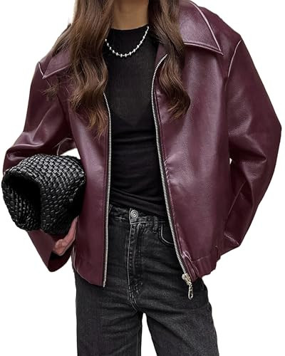 VOIKERDR Faux Leather Jacket Women Burgundy Zip Up Jackets Trendy Motorcycle Jacket Outerwear | Amazon (US)
