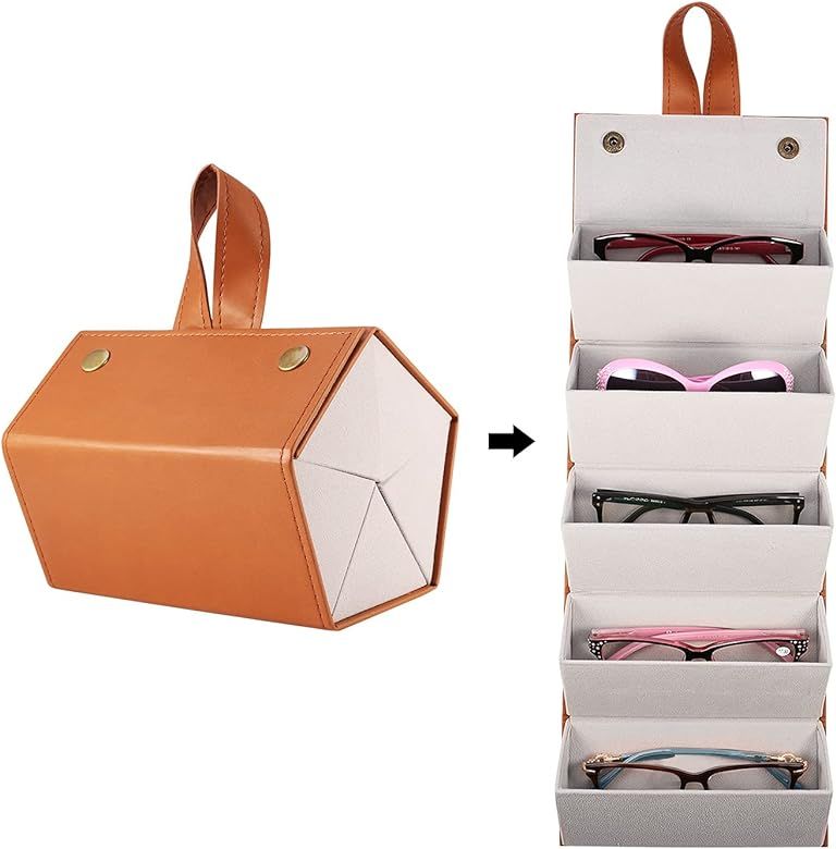 5-Slot Travel Foldable Sunglasses Organizer- PU Leather Hanging Eyeglasses Case… | Amazon (US)