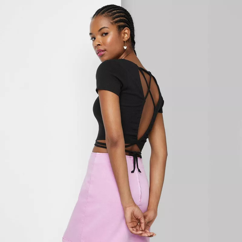 Women's Short Sleeve Lace-Up Back Baby T-Shirt - Wild Fable™ | Target