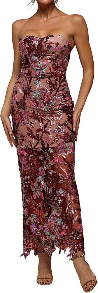 Summer Elegant Blue Flowers Embroidery Maxi Corset Dress Splicing Mesh See Through Sequin Evening... | Amazon (US)