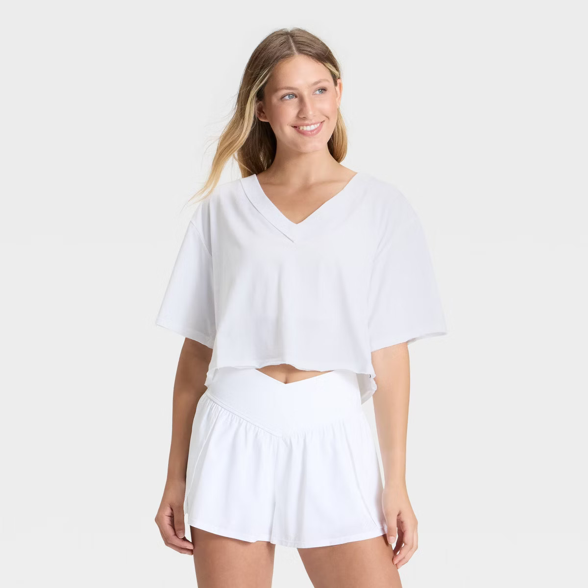 Women's V-Neck Boxy Cropped Short Sleeve Top - JoyLab™ | Target