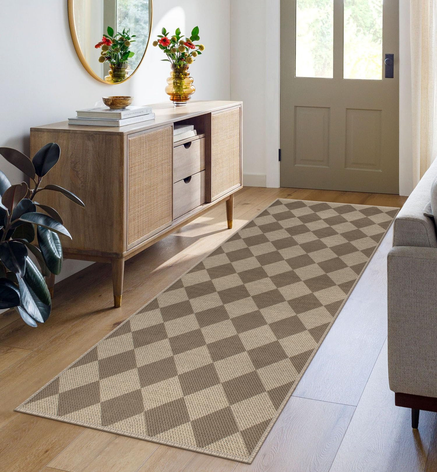 Easy Jute Checkered Runner Rug, 2x6 Brown Modern Washable Rugs Runner for Hallway Non-Slip Long K... | Amazon (US)