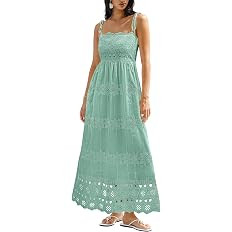 dowerme Womens Spaghetti Strap Eyelet Cotton Boho Maxi Dress | Summer Casual Square Neck Smocked ... | Amazon (US)