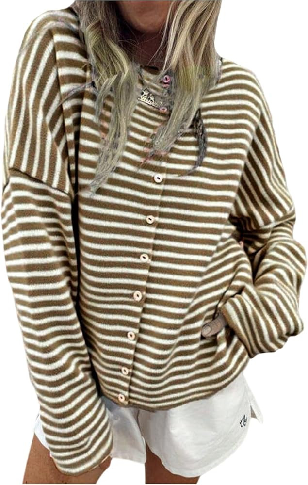 Milumia Women's Striped Button Down Cardigan Sweater Long Sleeve Crewneck Loose Knit Tops | Amazon (US)